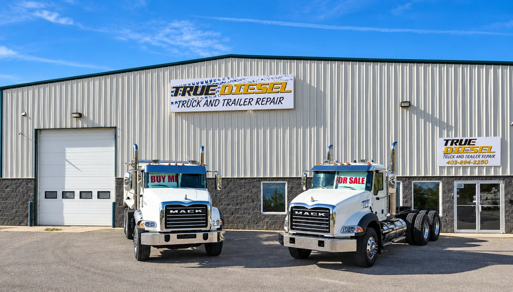 Two Mack trucks outside the True Diesel shop